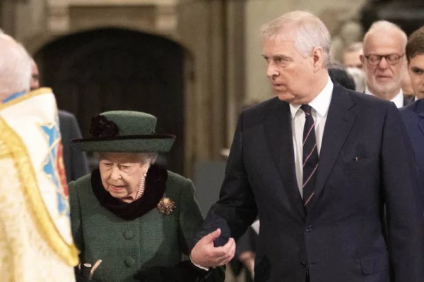 Queen Elizabeth II and Britain's Prince Andrew arrive to attend a Service of Thanksgiving for Prince Philip