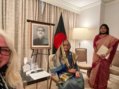 Washington Post columnist Petula Dvorak takes a selfie with Bangladesh Prime Minister Sheikh Hasina during their interview in a Tysons Corner hotel room.